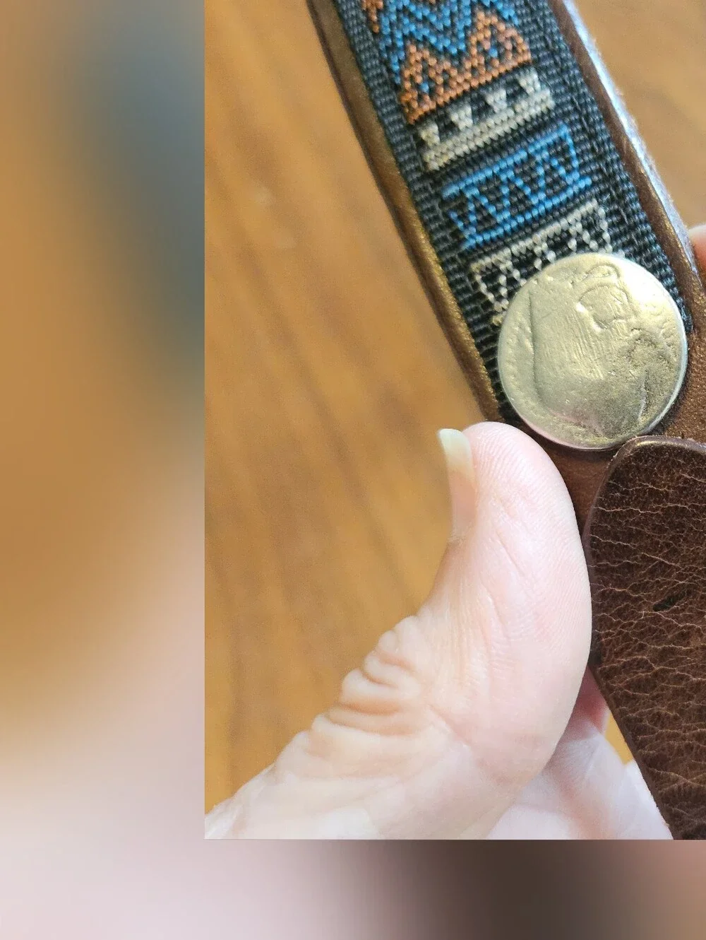 Vintage BATES Leather Brown Western Belt Tribal Needlepoint & Buffalo Nickel 28